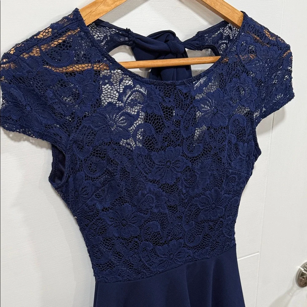 B. Smart Navy Floral Lace Short Skater Dress Cocktail Party Tie Back Mini